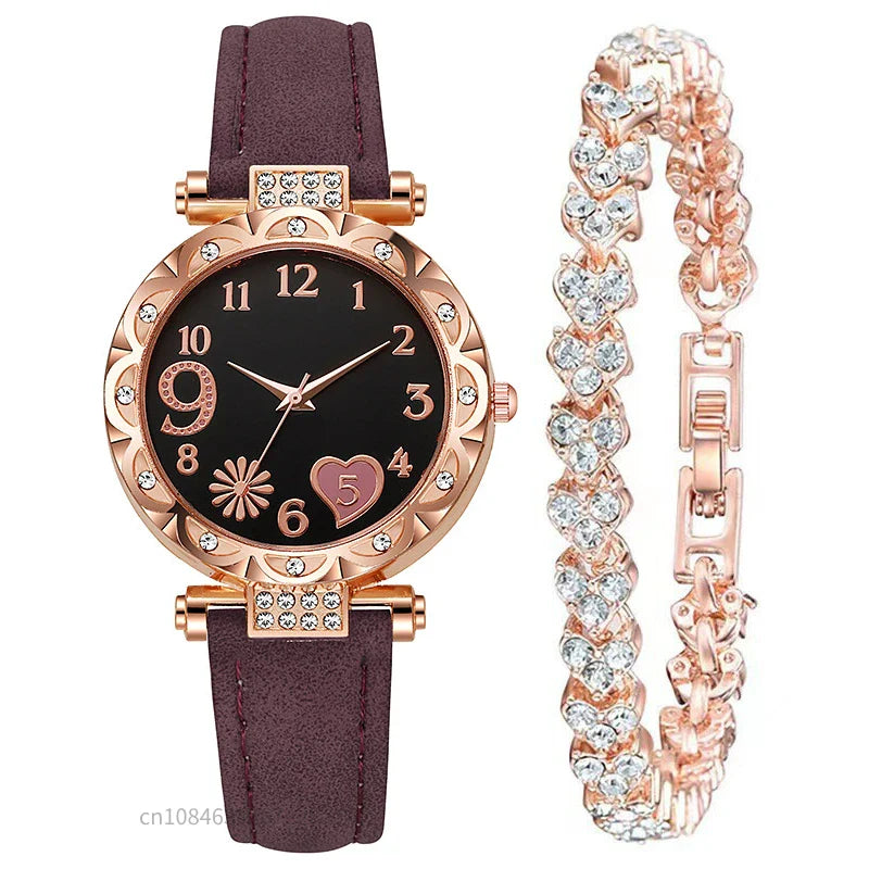 2/1PCS Fashion Heart Dial Women's Watches Luxury Leather Band Quartz Watch Rhinestone Bracelet Set Female Relogio Feminino