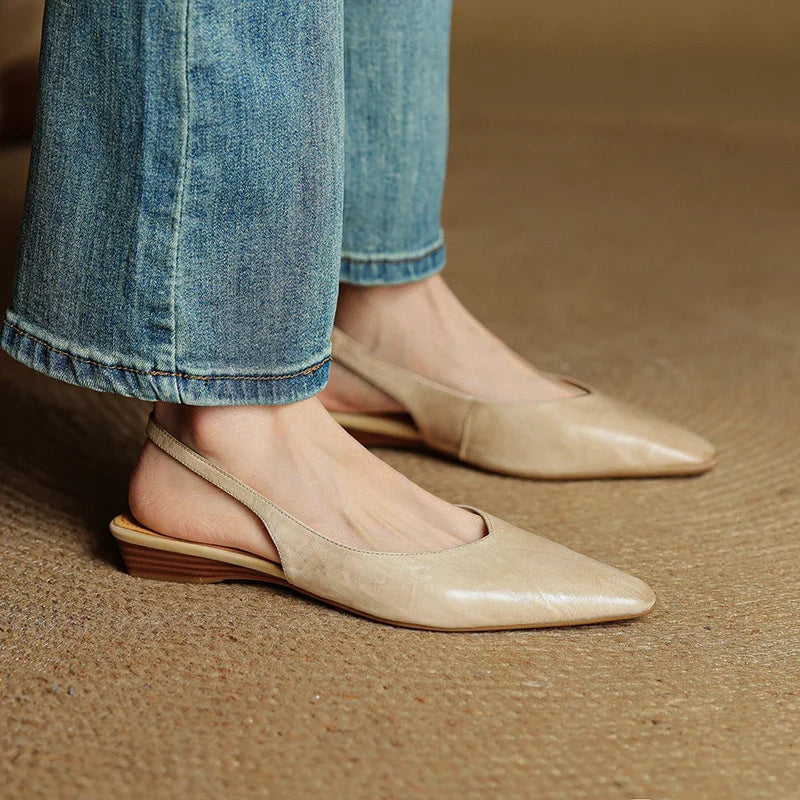 2025 New Summer Women Mules Genuine Leather Women Shoes Pointed Toe Low Heel Cover Toe Modern Women Sandals Ladies Shoes