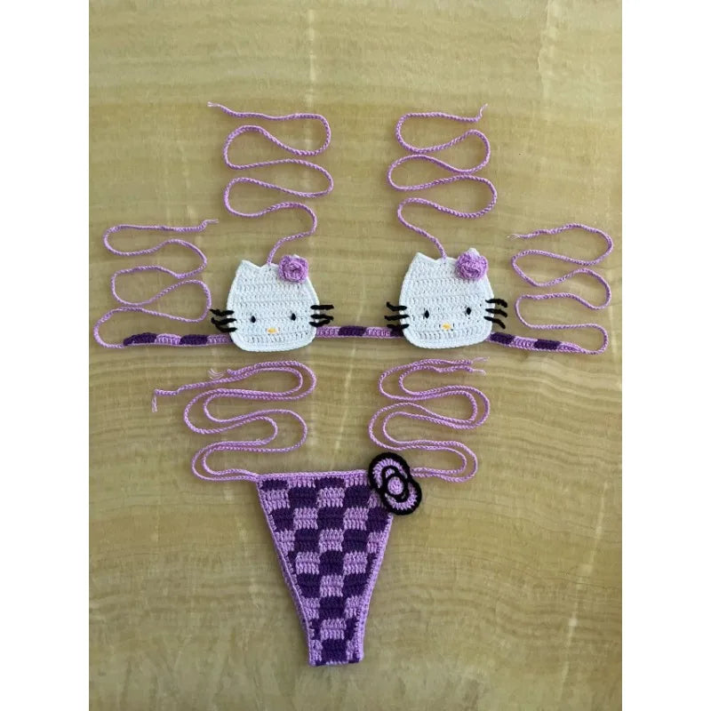 Cute Crochet Bikini Set 2 Pieces Lady's Bathing Suits Sexy Micro Bikinis Ties Swimsuit Thong Swimwear Kwaii Womens Swimming Suit