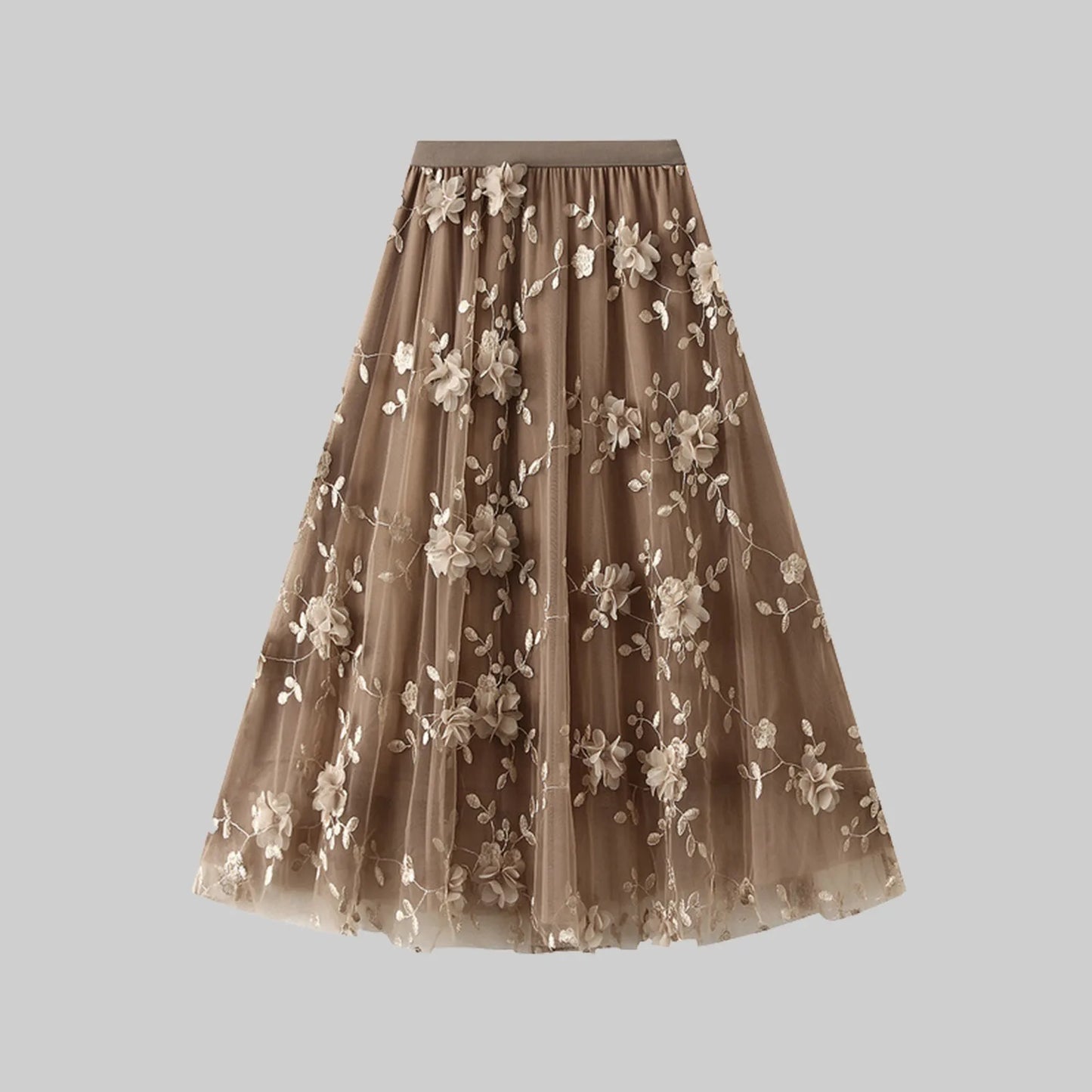 Korean Style Women's Floral Embroidered Mesh Skirt Harajuku High Waist A Line Midi Skirts Elegant Tulle Skirt Faldas Mujer