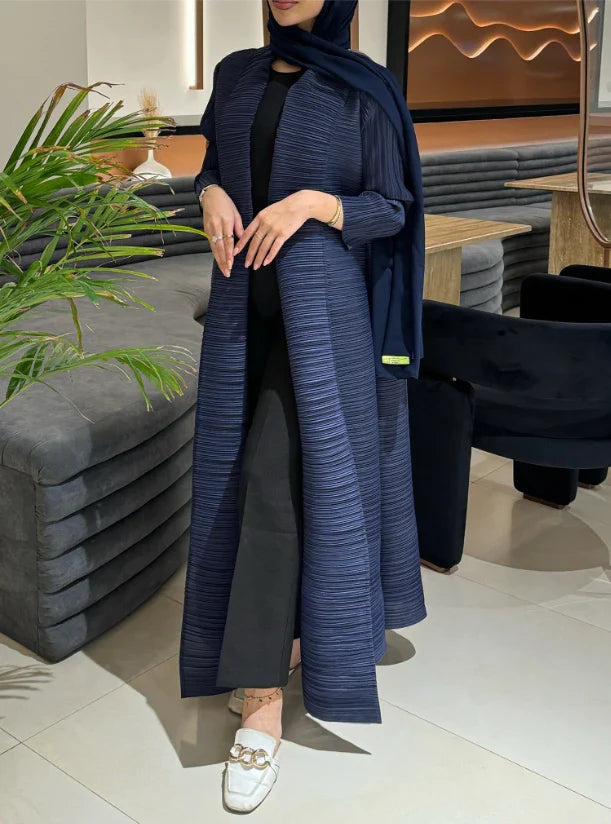 Miyake Pleated abaya with Turn-down Collar, Long Sleeve, Vintage Printed Design, Plus Size
