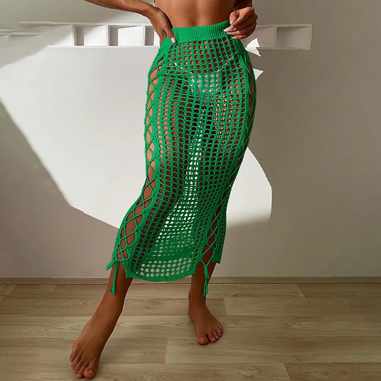 Summer Vacation Beach Cover Ups Women Crochet Knitting Skirts Sunscreen Solid Color High Waist Bodycon Hollow Out Long Skirt