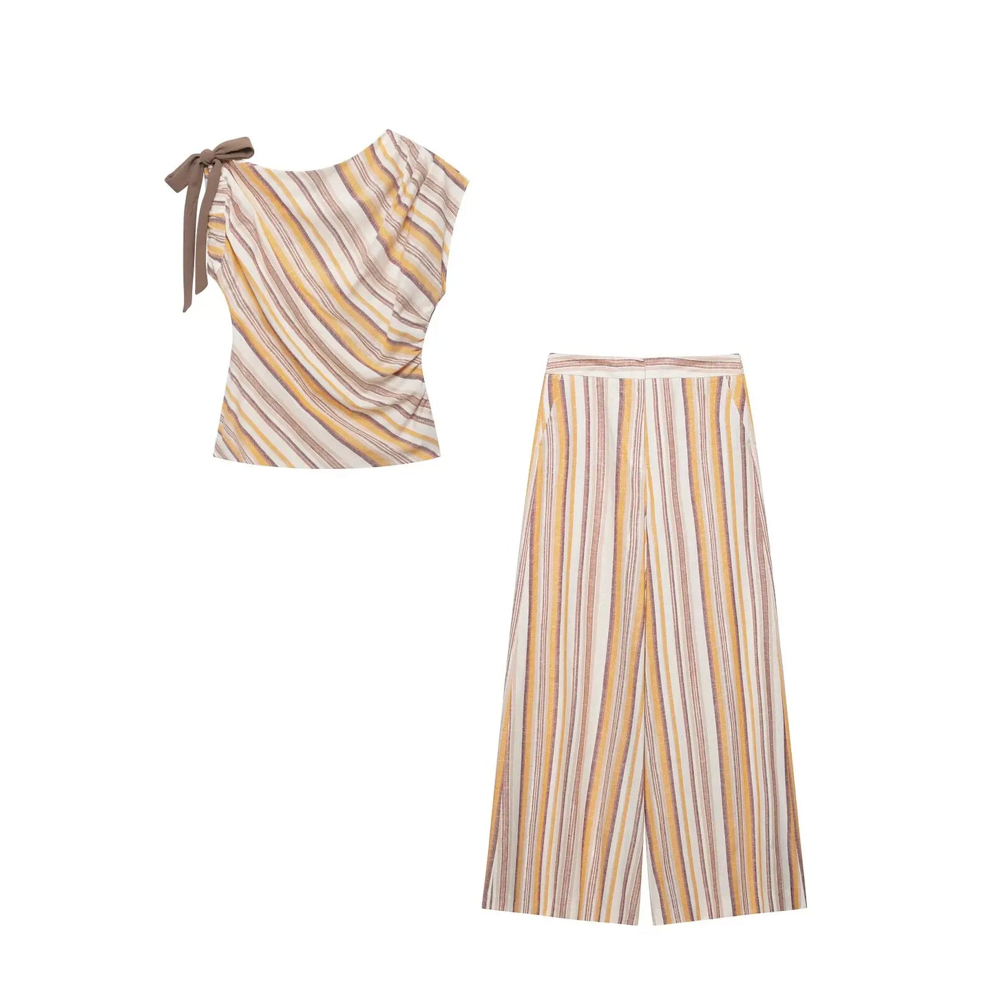 TFMLN Women's Stripe Printed Sets Chic Bow Decoration Sleeveless Irregular Top Wide Leg Pants Female Holiday Sets 2026 Summer