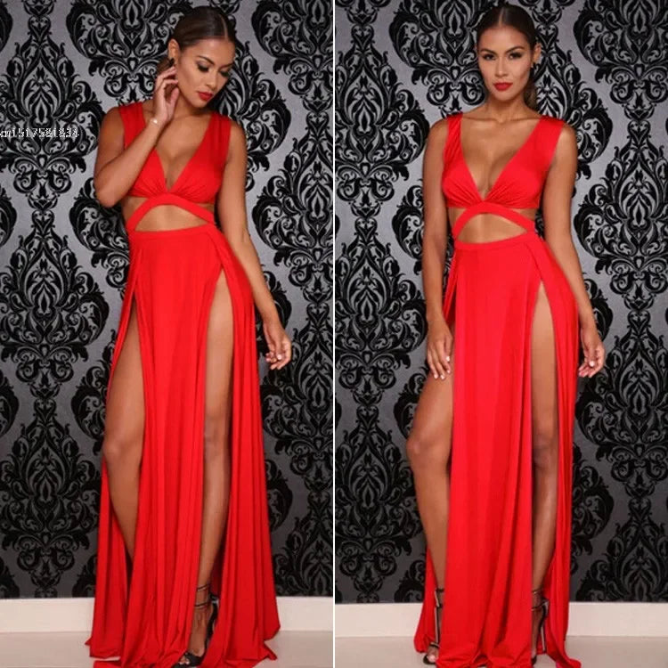 2024 Women Sexy Sleeveless V-neck High Slit Hollow Out Bodycon Bandage Dress for NightClub Party Long Wrap Maxi Dress Vestido u2