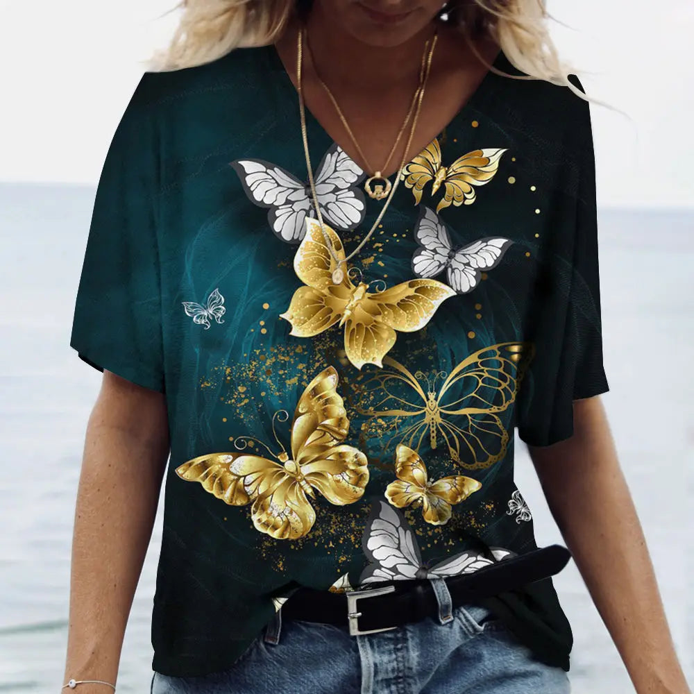 Women's T-shirts Fashion Tops V-neck Colorful Butterfly T Shirt Female Short Flowers Print Casual Tees Summer Oversized Clothes