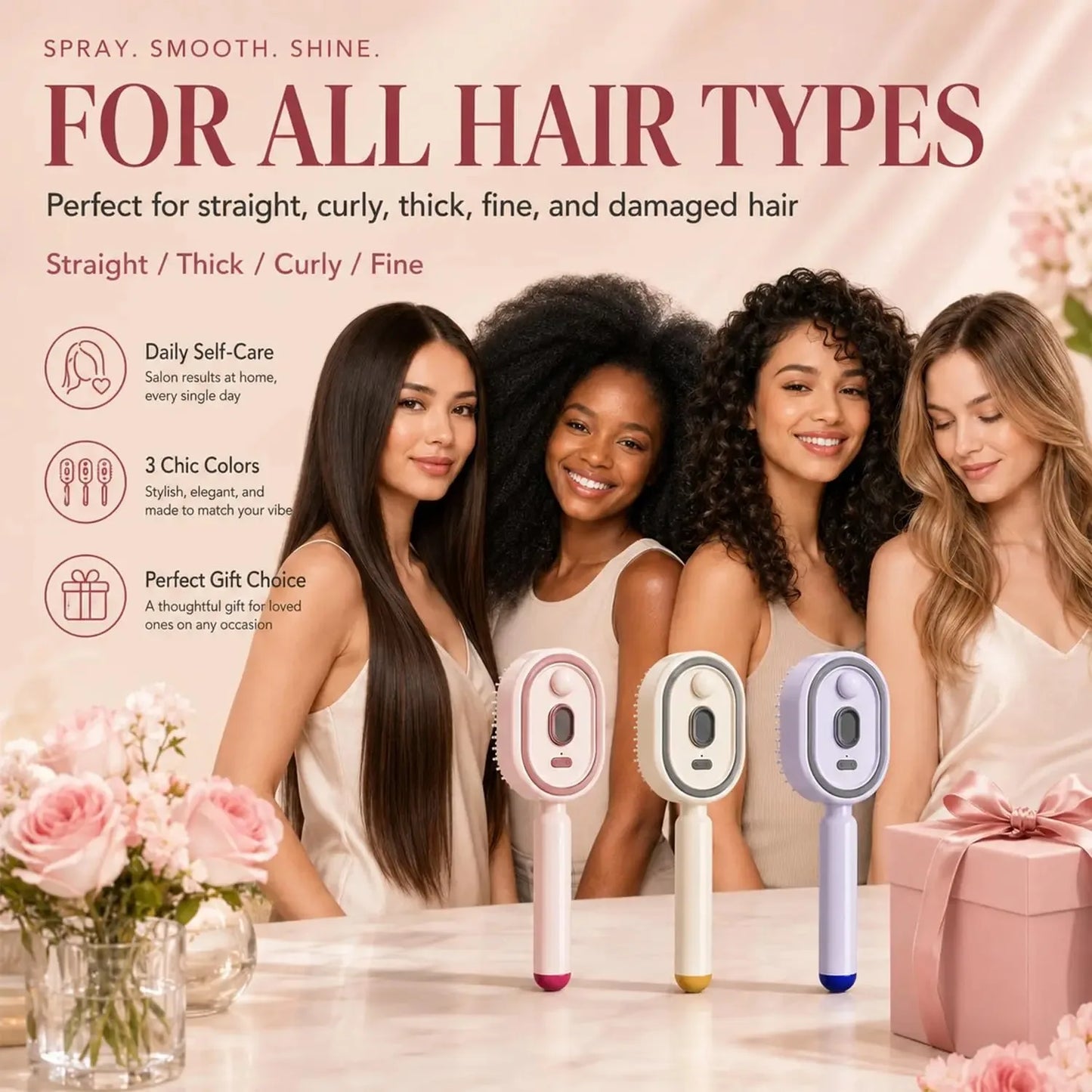 2026 Electric Steaming Hair Straightener Brush Electric Spray Air Cushion Massage Hair Brush Rechargeable Detangling Steam Brush