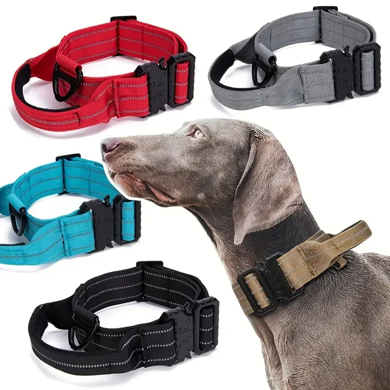 Medium Large Durable Tactical Collar] Durable Tactical Training Dog Collar - High-Strength Nylon, Reflective, With Handle - Perf