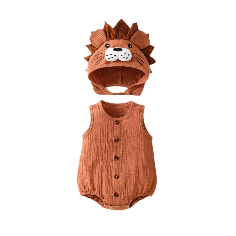 Newborn Baby Romper Knitted Hooded Lion Bodysuit Sleeveless Infant Jumpsuit Toddler Onesie Unisex Summer Outfit Button Playsuit