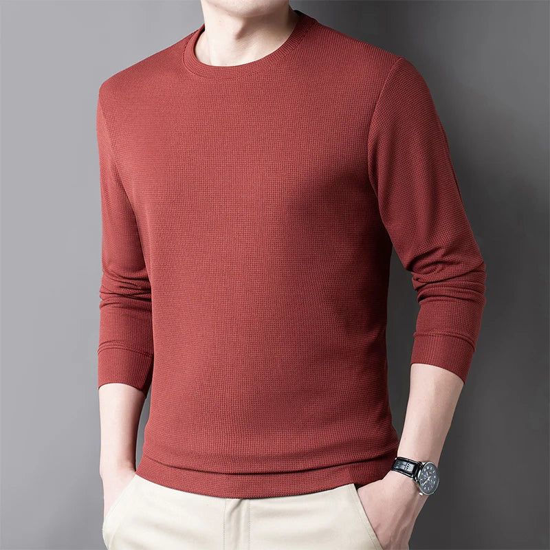 Men Casual Waffle Round Neck T-shirt Breathable, Comfortable, and Fashionable Long Sleeved T-shirt.