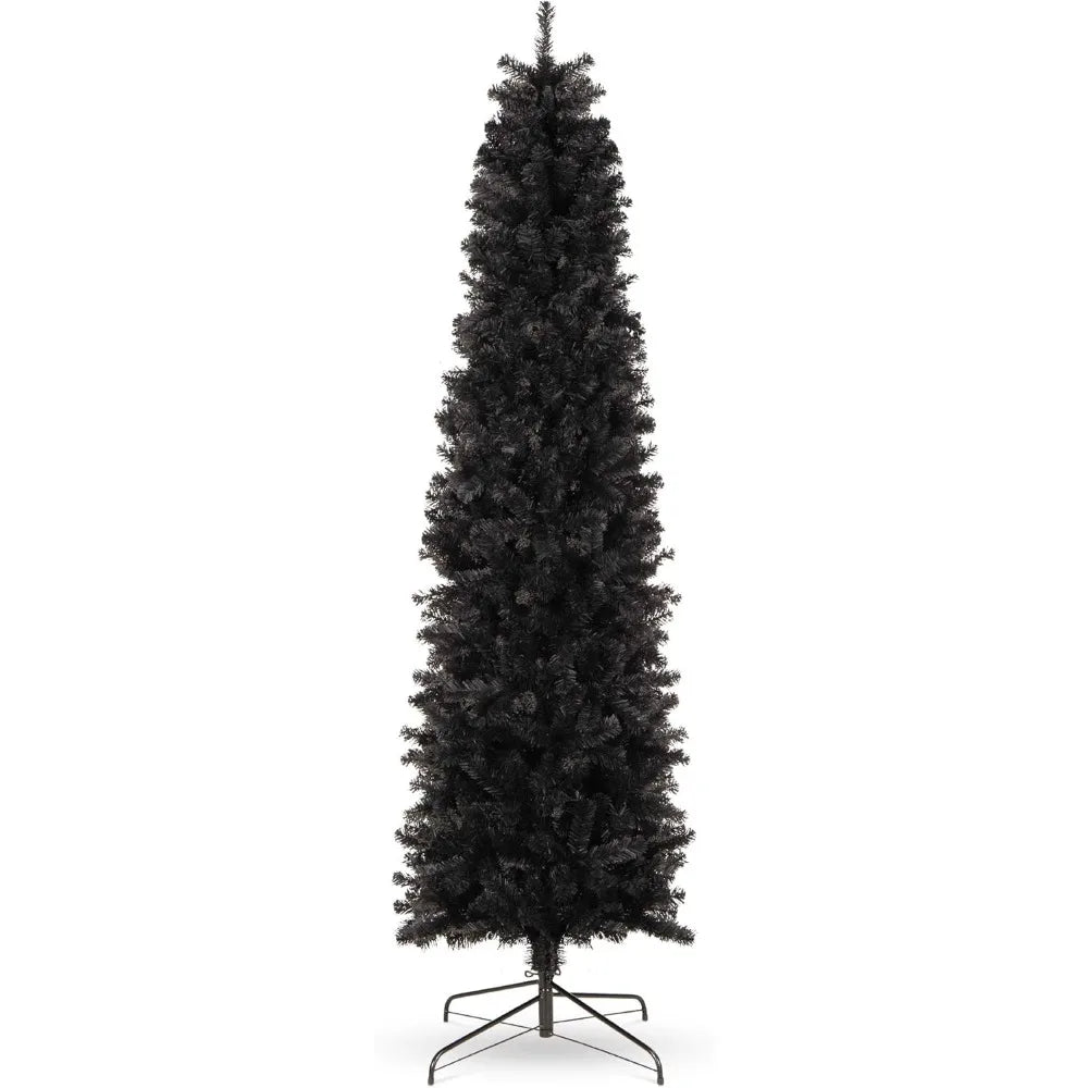 6ft Black Artificial Holiday Christmas Pencil Tree for Home, Office, Party Decoration w/ 608 Tips, Metal Hinges & Base
