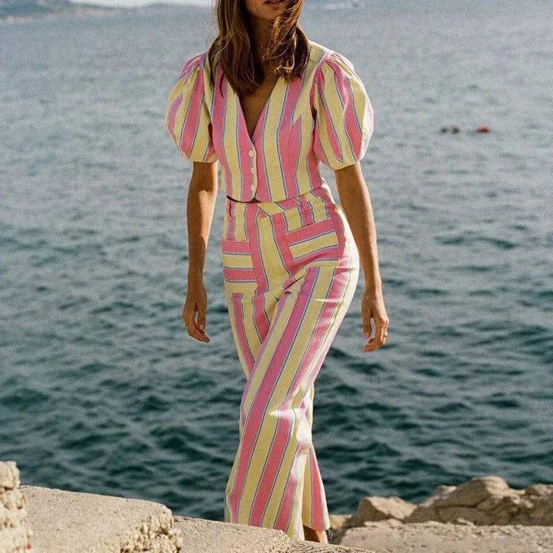 Sexy V-neck Short Sleeve Top & Pant Outfits Women's Fashion Stripes Print 2Pc Suit Elegant Button Hight Waist Commute Loose Sets