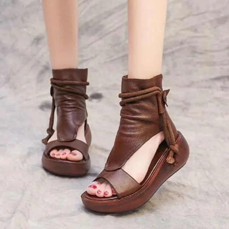 GKTINOO 2026 New Summer Black Women Leather Sandals Cool Boots Platform Shoes Wedges Sandals Women Shoes Fashion Outdoor Sandals