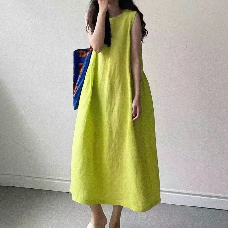 Minimalist Summer Lazy Style round Neck Long Oversized Sleeveless Dress Maxi Dress Comfortable Loose Fit V-Neck Knee-Length Dres