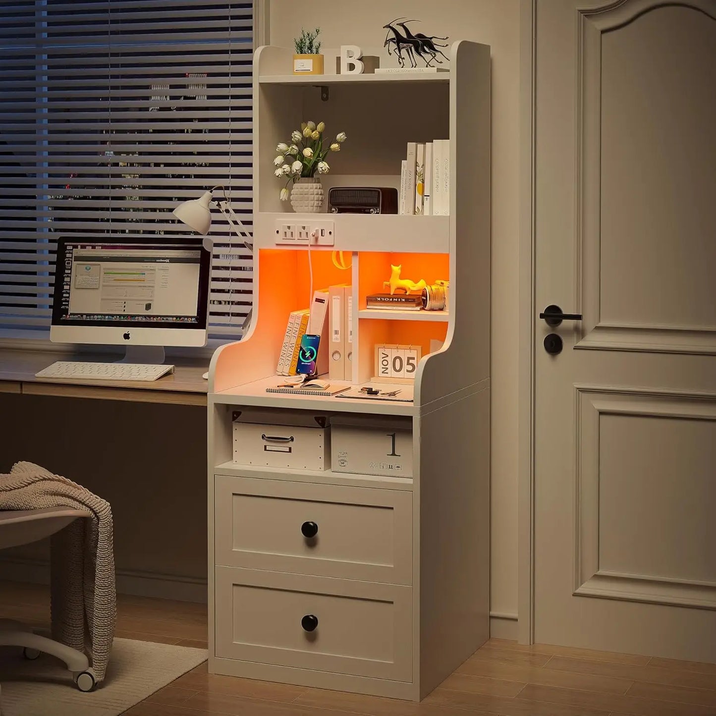 Tall Nightstand with Charging Station and LED Lights White Nightstand with 2 Drawers and Shelves Large LED Nightstand