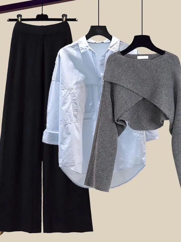 Fall Winter Knitwears 3 Pieces Set For Women Plaid Knitted Vest+solid Blouse+wide Leg Knitting Pants Sets Women Outfits 2024