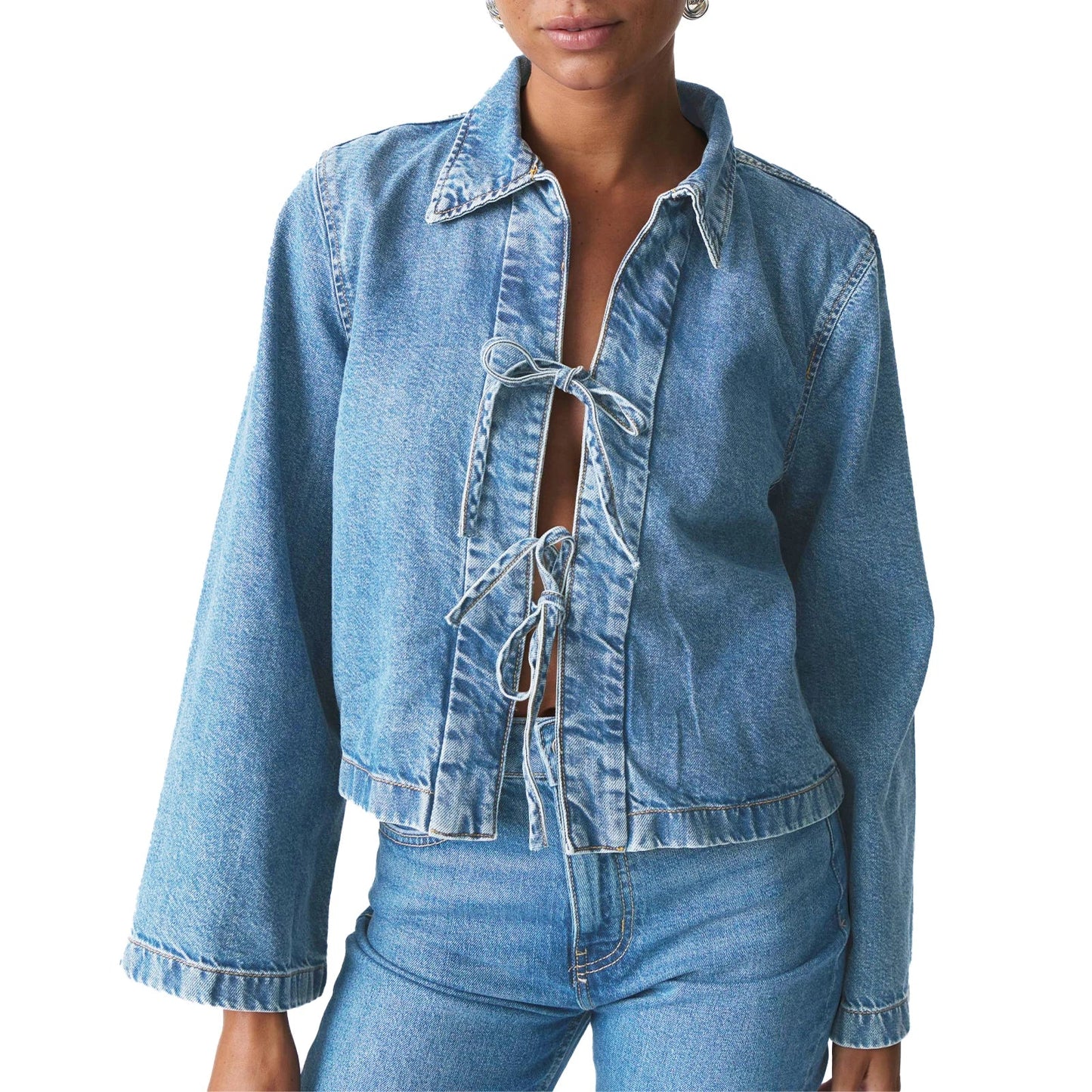 Women s Denim Tie Front Jacket Lapel Neck Solid Color Long Sleeve Casual Crop Fall Coat