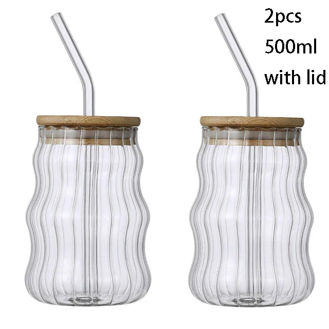 YWDL 500ml Glass Tumblers Cups With Straw Mason Jar Clear Juice Coffee Milk Cup With Bamboo Lids Drinkware Stripe Beer Mug