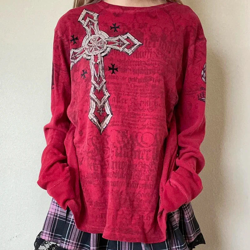 E-girl Gothic Cyber Grunge Y2K Long Sleeve Tops 00s Vintage Graphic Oversize T-shirt Emo Alt Clothes Women Autumn O Neck Tees