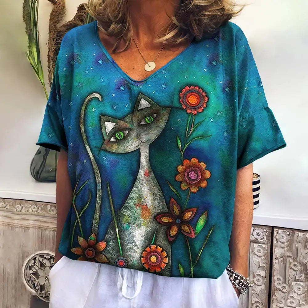 Women's T-shirt 3d Cute Cat Print V-neck Tops Summer New Kawaii Animal Short-sleeved Fashion Loose Large Size Women's Tops