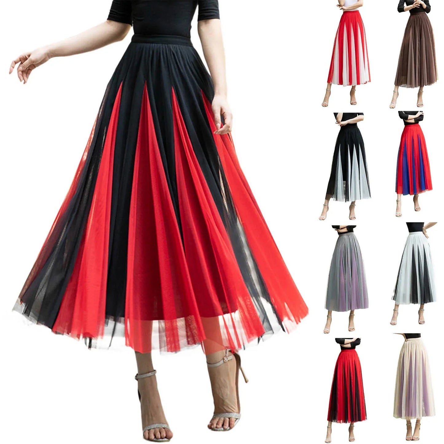 Women Color Block A-line Skirt Mid Length Drape Feeling High Waist Slim Mesh Skirts Carnival Festival Party Performance Costume