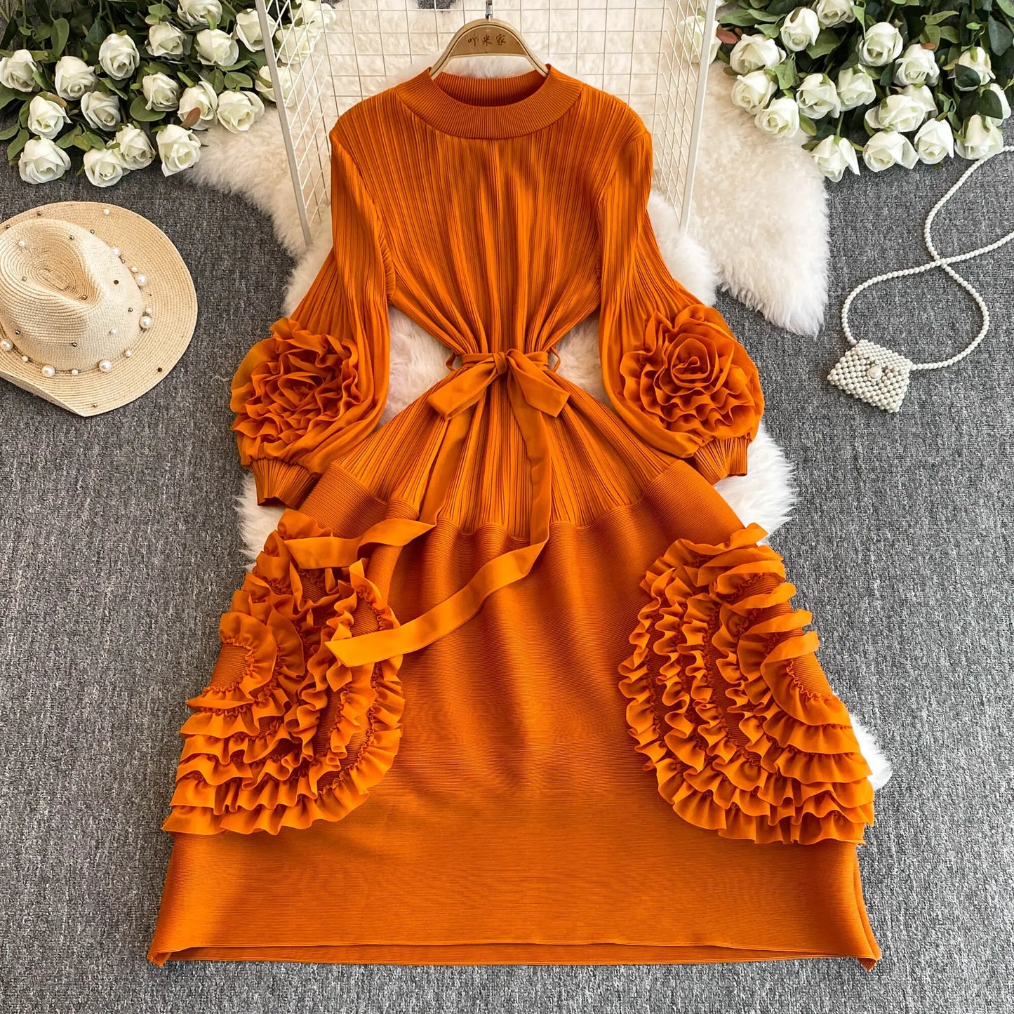 XFPV Women's Pleated Lace Elegant Temperament Lace Up Puff Sleeves High Waisted Dress Vestidos Y2k Fashion Spring Autumn 2024