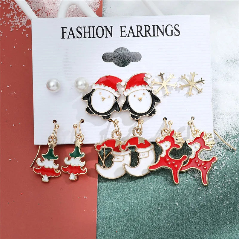 6 pairs Christmas Stud Earrings Xmas Tree Brown Elk Snowman Santa Claus Cute Christmas Earrings Christmas Gifts For Women Girls