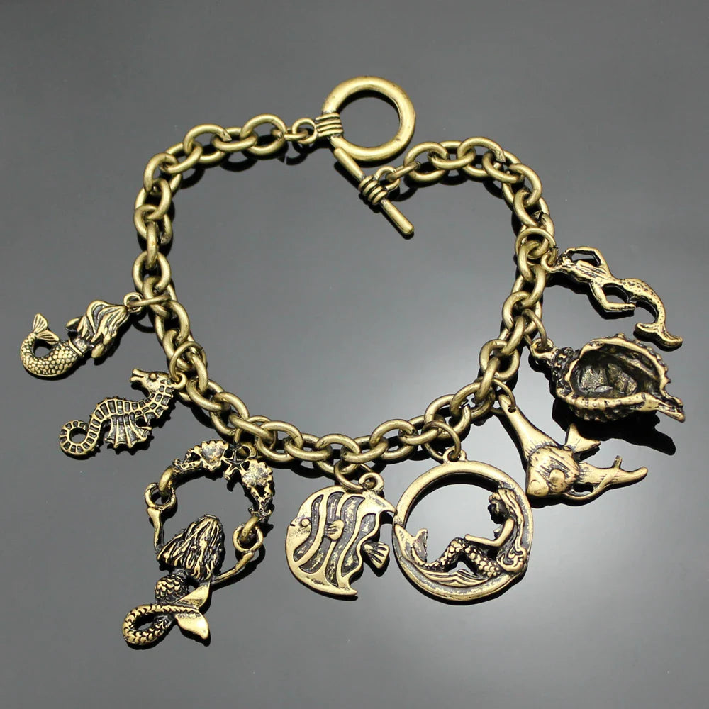 Women's Mythology Fairytale Bracelets Beads Charms Mermaid Seahorse Link Chain Crystal Bangle Armband Aesthetic Jewelry Vintage
