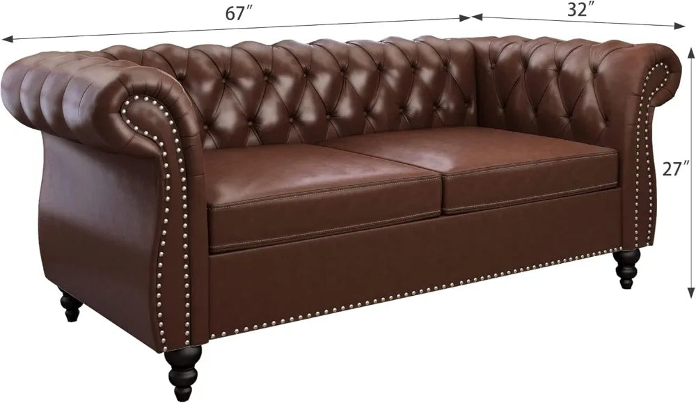 3-Piece Chesterfield Leather Sofa Set, with Scroll Arms & Nail,Head Trim, Dark Brown Living Room Furniture.