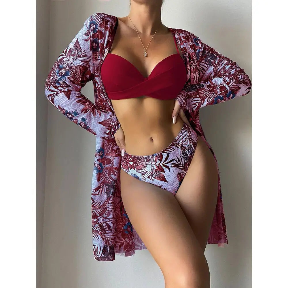 Three Pieces Bikini Set Cover Up Women New Push Up Twist Swimsuit Print Long Sleeve Swimwear Biquini Bathing Suit Summer