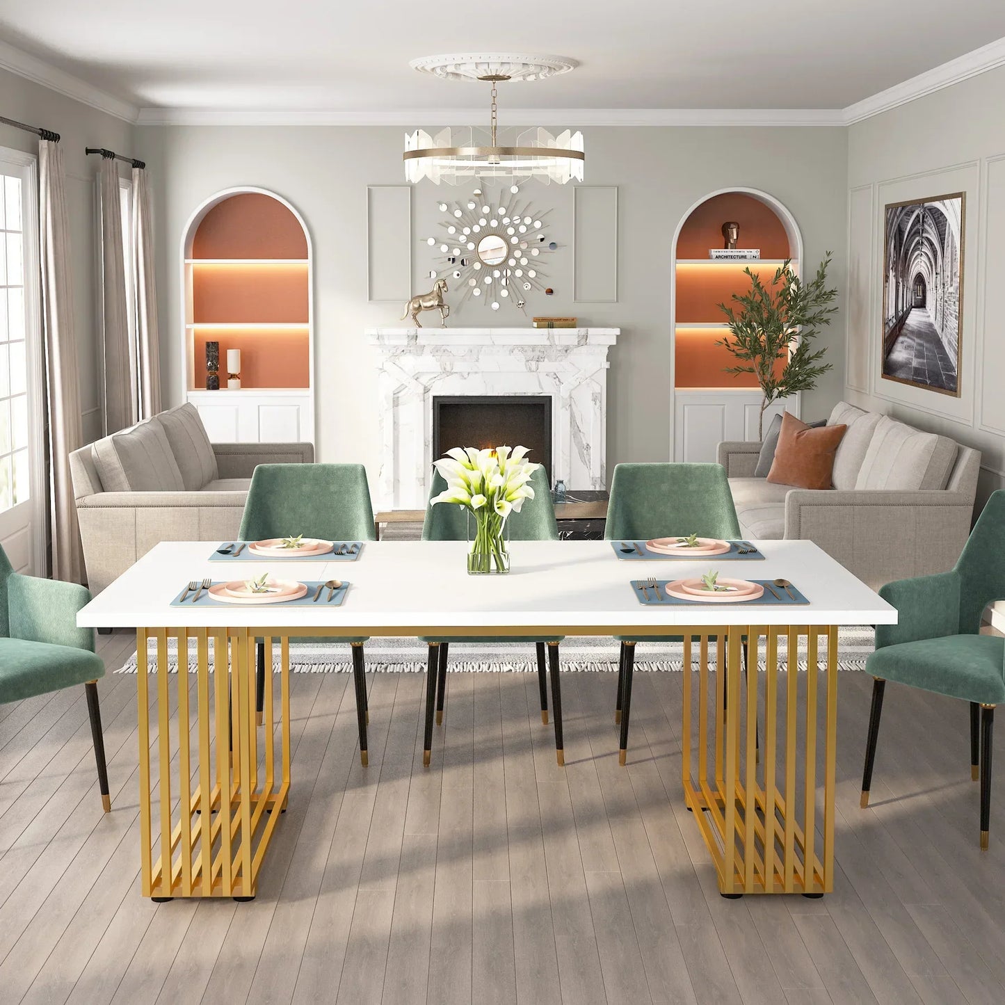 Modern Office Desk, 70.9" Wooden Computer Desk, Executive Desk with Gold Metal Legs, Large Workstation Home Office.