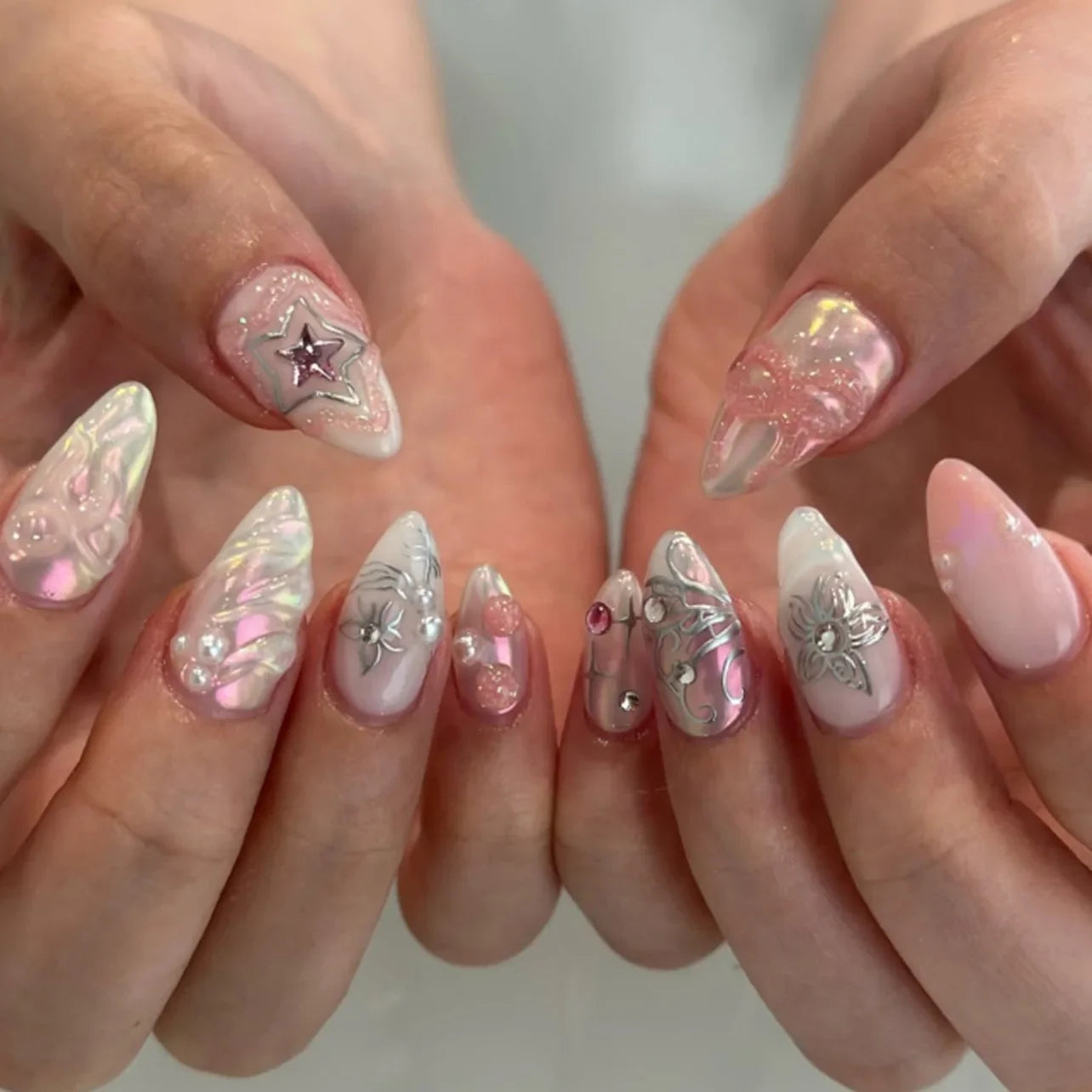 24Pcs Mid-length Almond Press on Fake Nails,3D Ripple Heart ,Pearl Star, Blue Smudge Detachable Full Cover Nails Tips.
