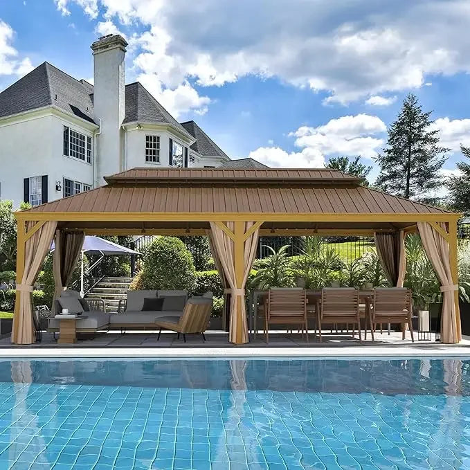 12x20 Gazebo, Hardtop Wood-Looking Gazebo with Galvanized Steel Double Roof, Patio Hardtop Gazebo with Netting and Curtains