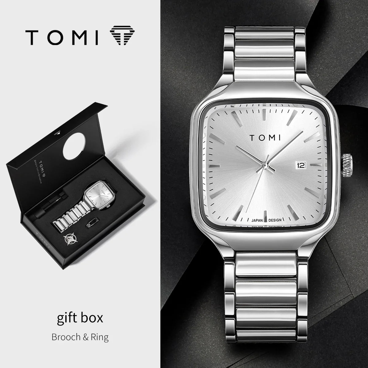 TOMI Men's Quartz Watch New Fashion Box Set Cufflinks Ring Fashion Set Box Watch as a Gift for Men's Gift Box