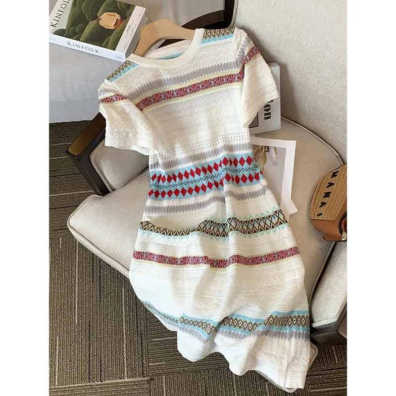Women's Vintage Short Sleeve Striped O-neck Mini Dresses 2024 Summer Elegant Classic Office Lady A-Line Dress Lady Clothes