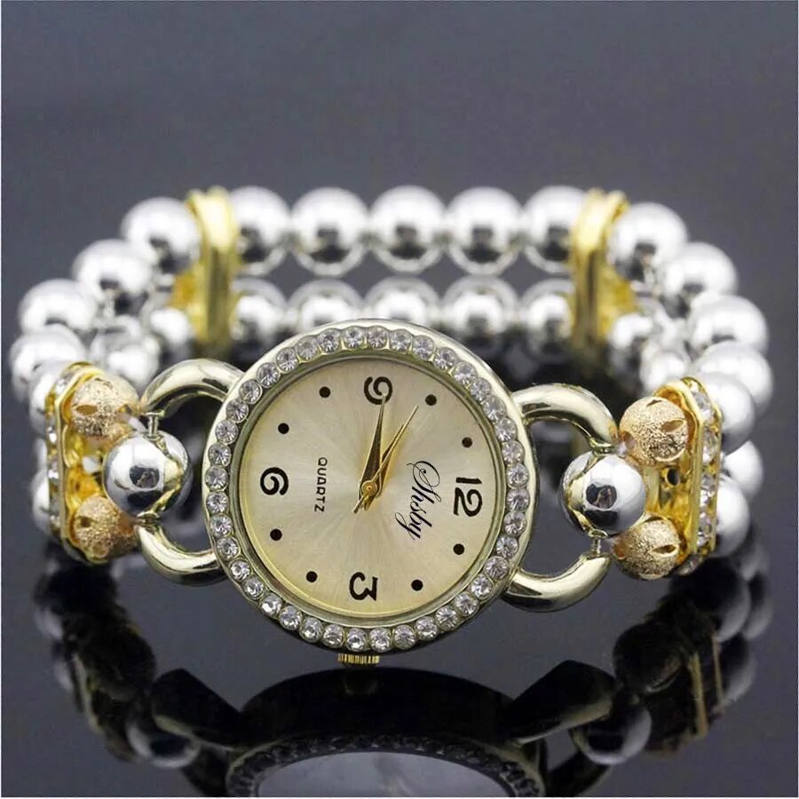 Shsby New Women's Rhinestone Quartz Analog Bracelet Wrist Watch Lady Watches With Colorful Pearls