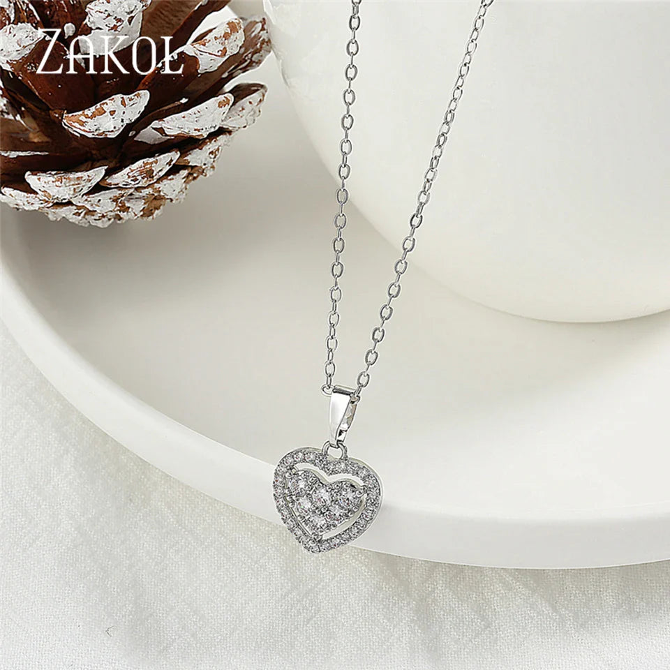 ZAKOL Simple Round Zirconia Pendant Necklaces for Women Shiny Crystal Fashion Party Dress Jewelry