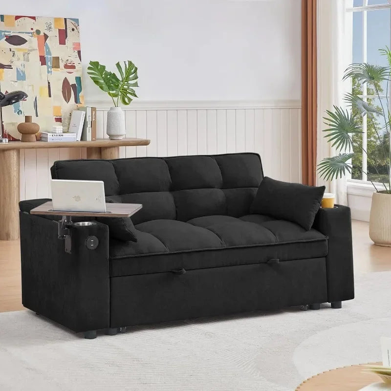 hansones 65'' 3-in-1 Folding Convertible Sofa Bed, Pullout Sofa, Modern Chenille Fabric, 360° Swivel Side Table, Easy Assembly,