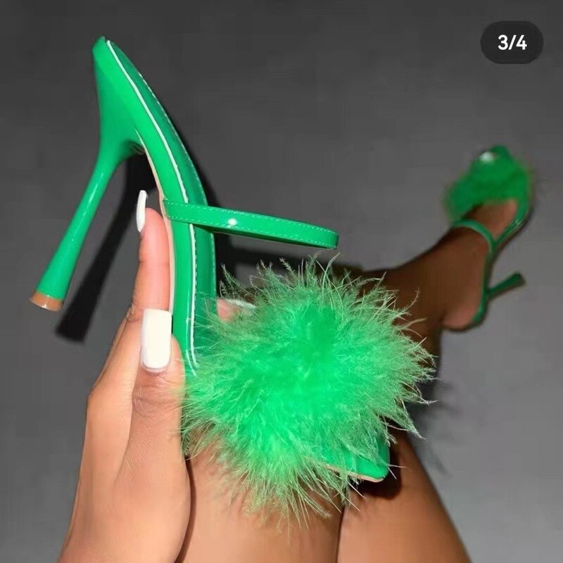 Women's Sexy High Heels Pink Plush Fashion Sandals 2022 Summer New Pointed Fish Mouth Shoes Design Women's Stiletto High Heels
