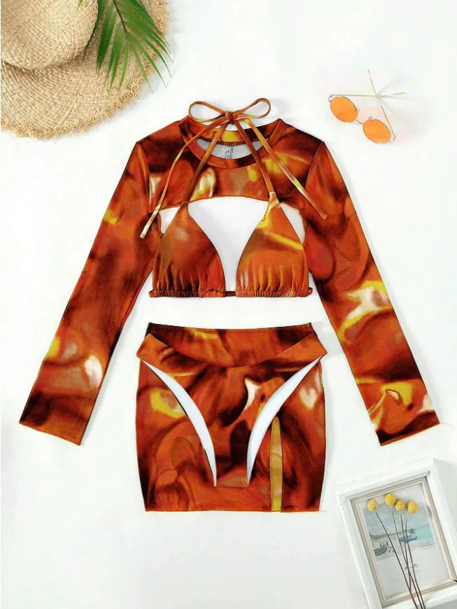 Swimming Suit Long Sleeved Sexy Split Swimsuit Women's Bikini Hanging Neck Strap Swimwear Summer Beachwear Print Female Clothes