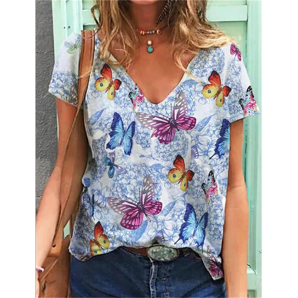 Women's T-shirts Fashion Tops V-neck Colorful Butterfly T Shirt Female Short Flowers Print Casual Tees Summer Oversized Clothes