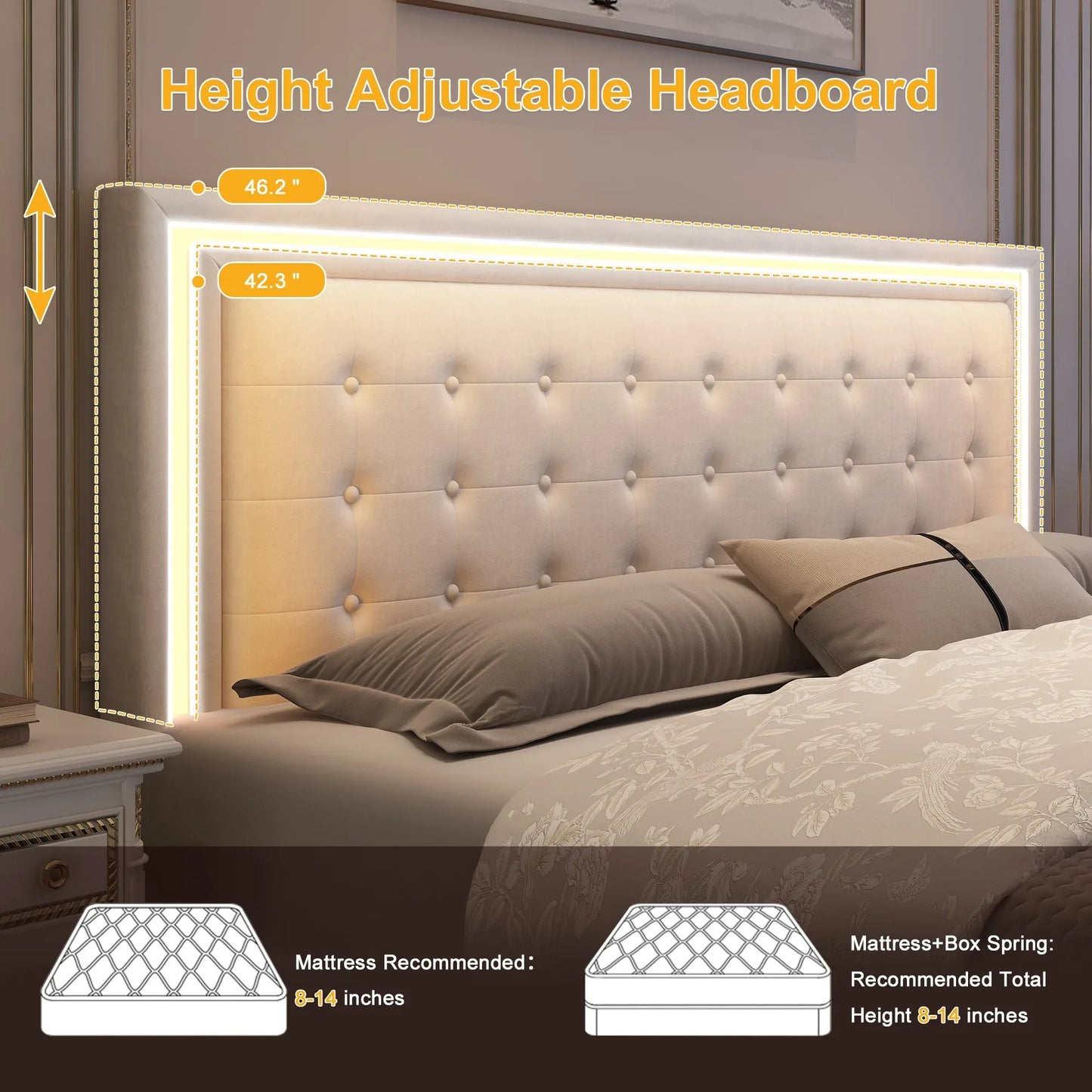 Queen LED Bed Frame 4 Storage Drawers, Headboard, No Box Spring Needed