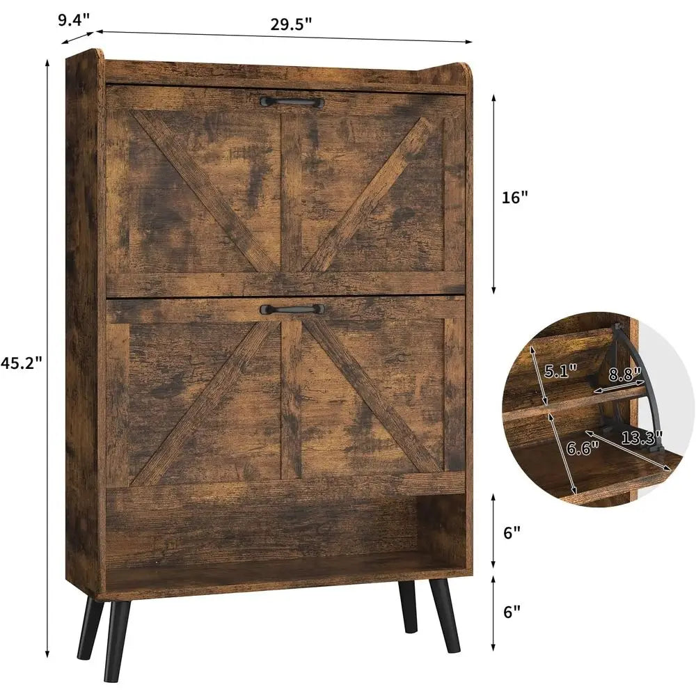 Rustic Brown Slim Shoe Cabinet with 2 Flip Drawers and Wooden Legs for Entryway Storage