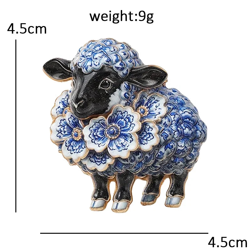 Wuli&baby Blue-and -White Porcelain Collection Animal Brooches For Women Unisex Goat Cat Butterfly Birds Party Office Brooch Pin