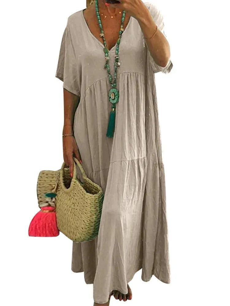 Summer New Casual Solid Color Cotton Hemp Short Sleeve Long Women's Dress Simple Loose Beach Maxi Female Fashion Dresses 2023