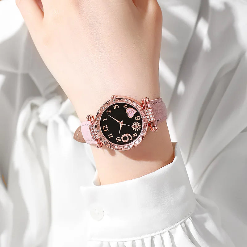 2/1PCS Fashion Heart Dial Women's Watches Luxury Leather Band Quartz Watch Rhinestone Bracelet Set Female Relogio Feminino