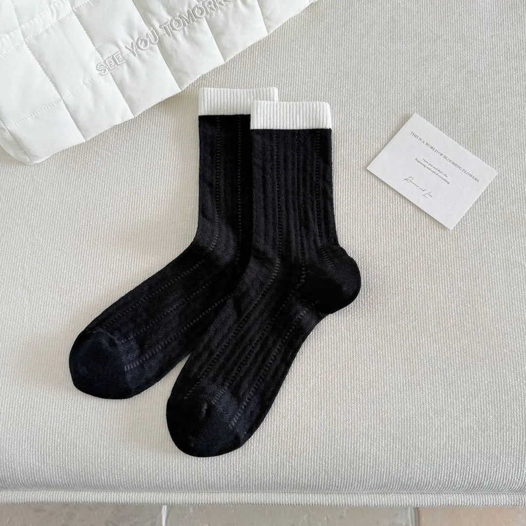 Transparent Crystal Silk Socks Women Fashion Ultra-thin Summer Harajuku Crew Socks Flower Streetwear Elastic Long Mesh Socks