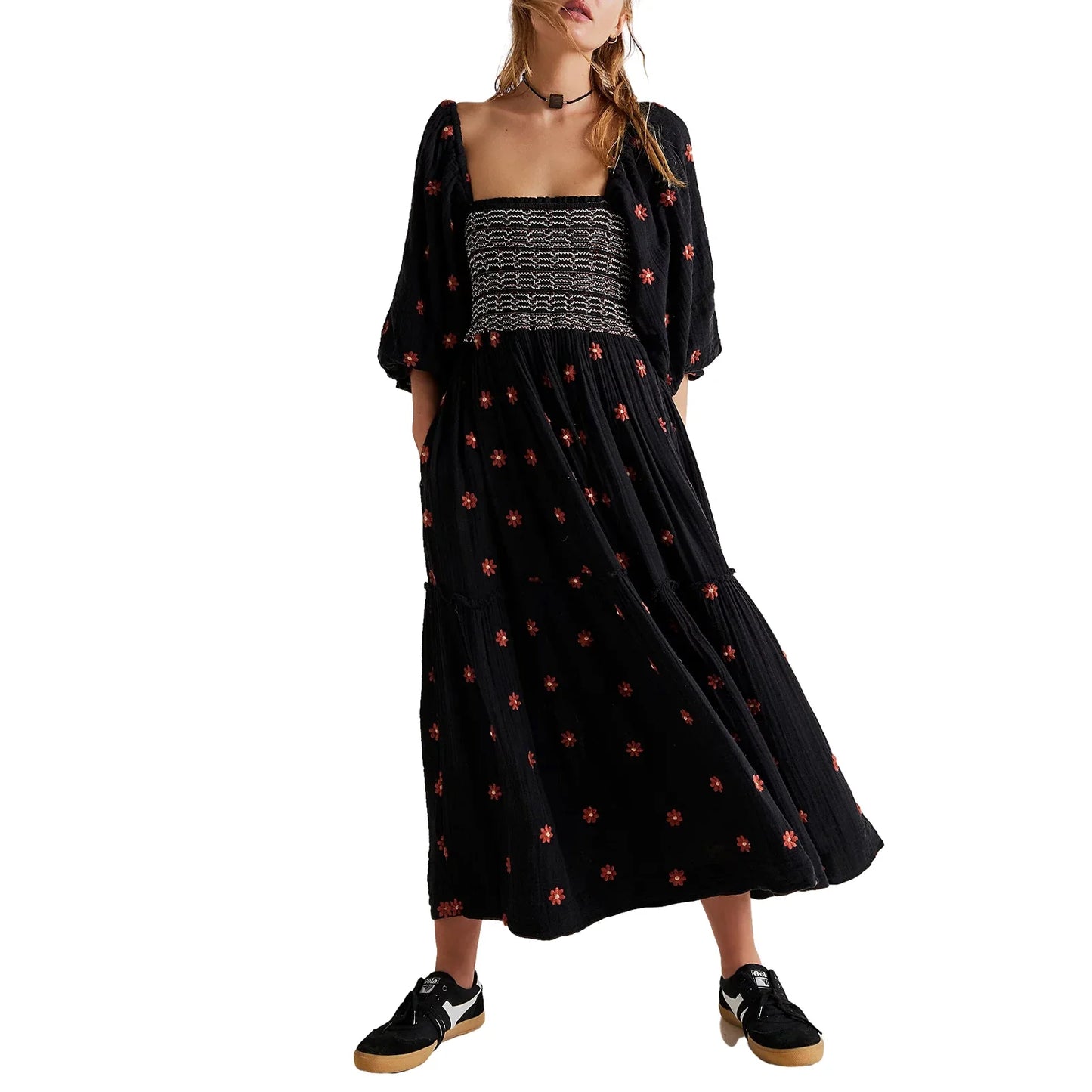 Casual Ladies Floral Print 3/4 Sleeve Loose Dress Summer Square Neck Long Dress Bohemian Women's A-Line Sundress 2023 Streetwear