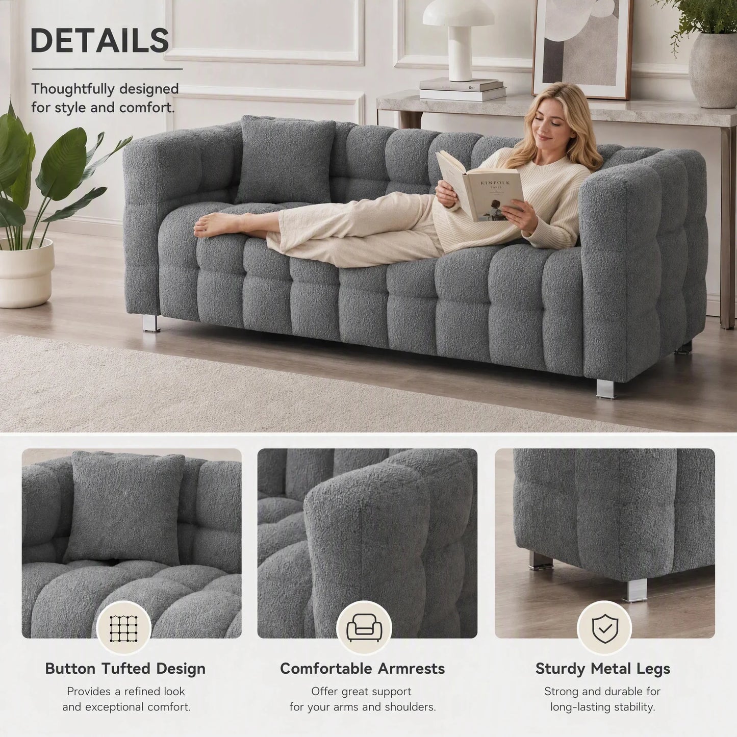80-Inch Modern Teddy Fleece Sofa, With 2 Cushions 3-Seater  Sofa Suitable for Living Room Bedroom or Apartment Comfortable Deep-Set Leisure Furniture Wide Armrest Design Easy to Assemble