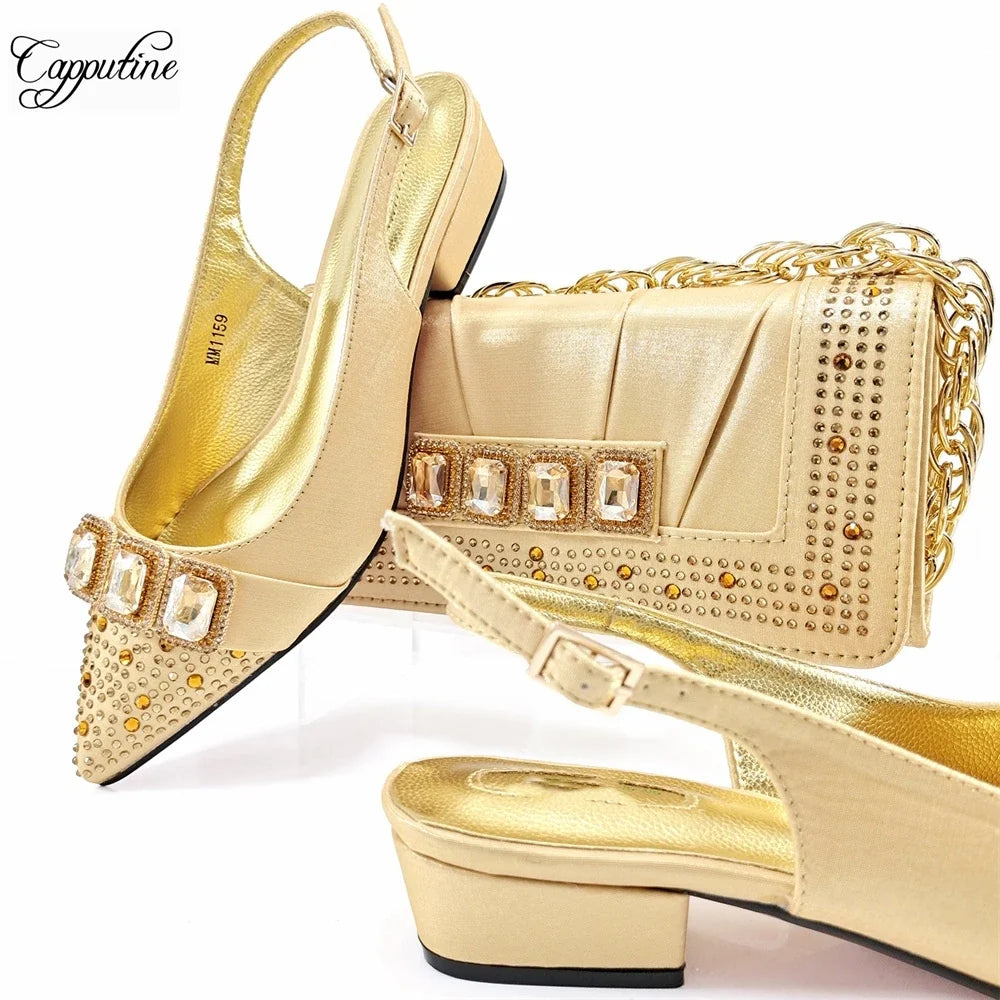 Peach Women Shoes And Bag Set Luxury  Ladies Sandals Match With Handbag Clutch Medium Heels Pumps Sandales Femmes MM1159