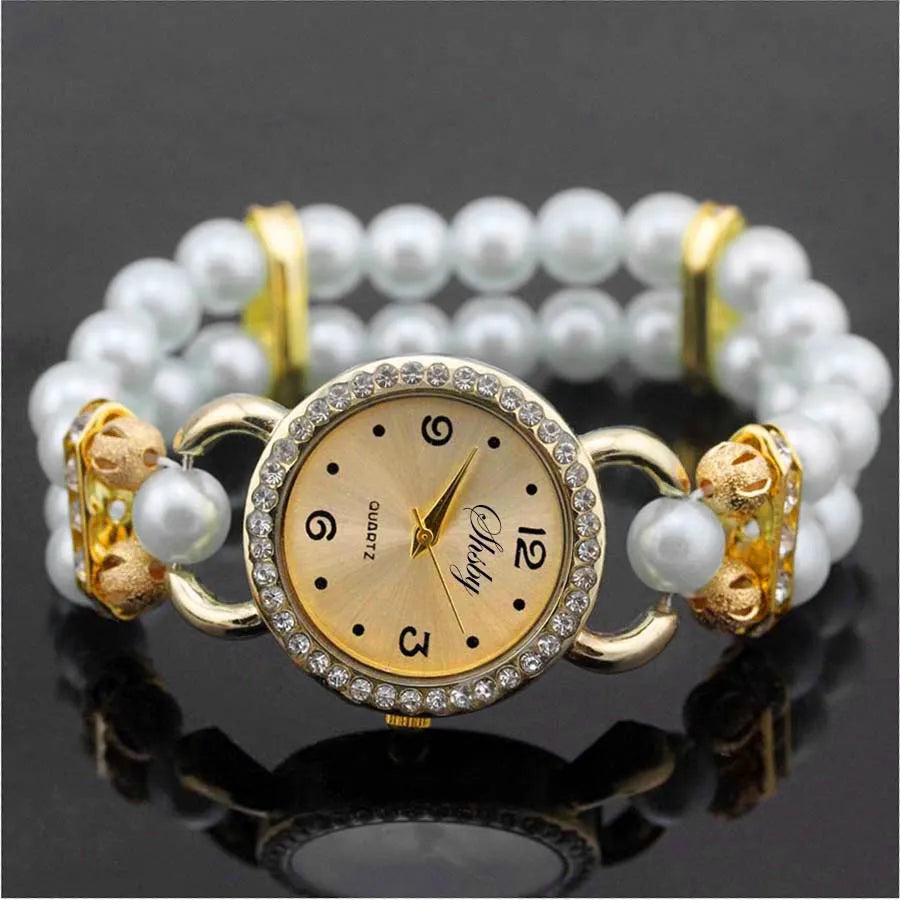 Shsby New Women's Rhinestone Quartz Analog Bracelet Wrist Watch Lady Watches With Colorful Pearls